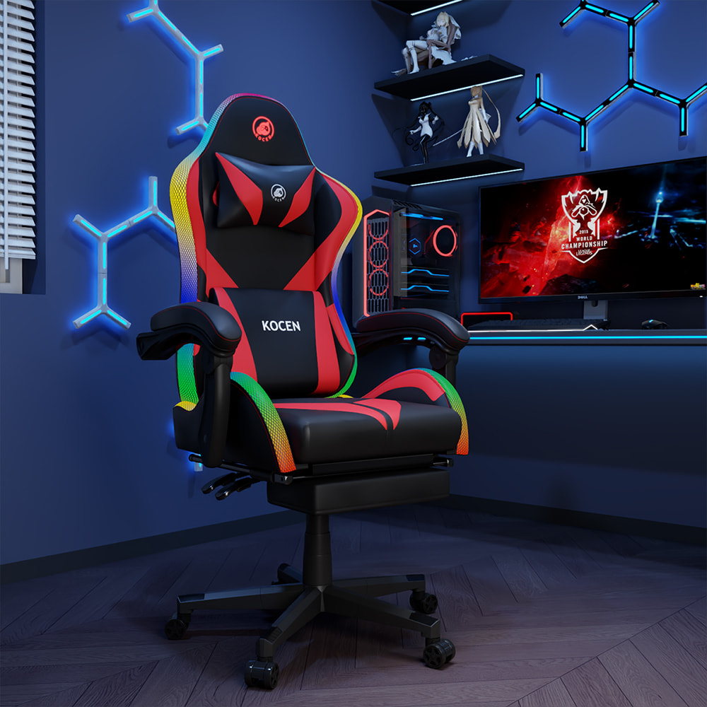 Herní křeslo z PU kůže, esportovní křeslo s vícebarevnými nastavitelnými RGB světly, USB napájení, dálkové ovládání